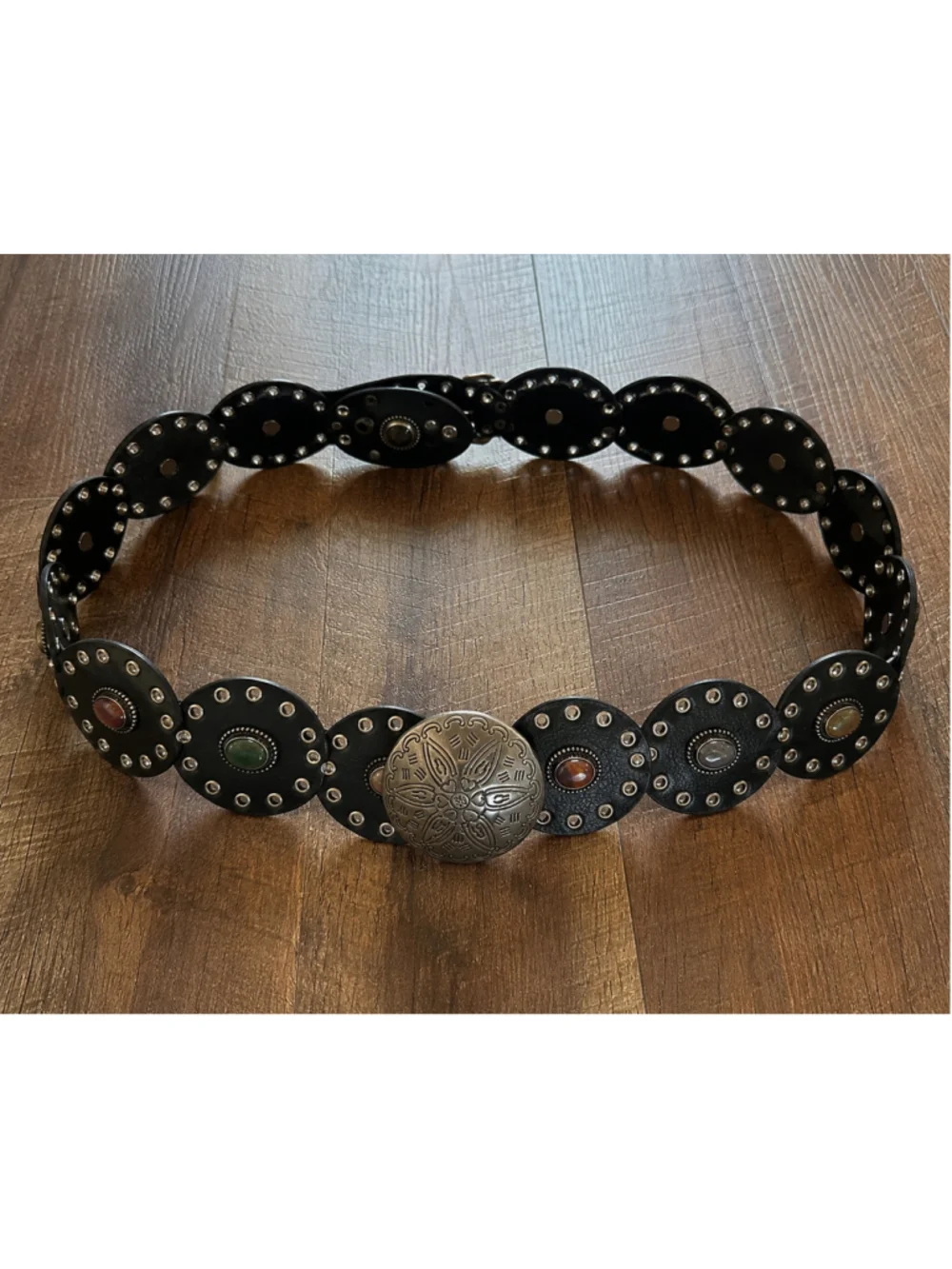 Women's Black Leather Belt with Silver Conchos and Gemstones, adjustable